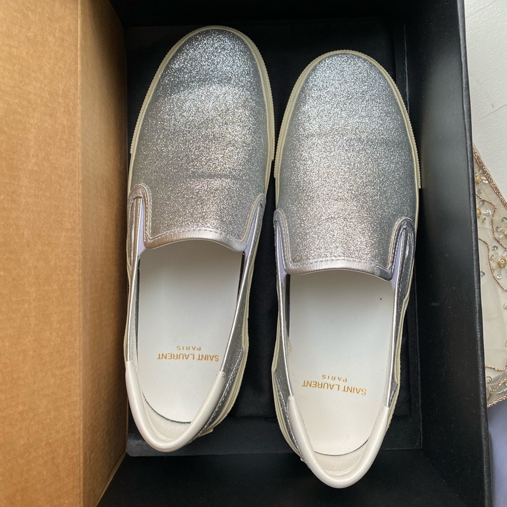 YSL silver glitter Skate slip on sneakers
